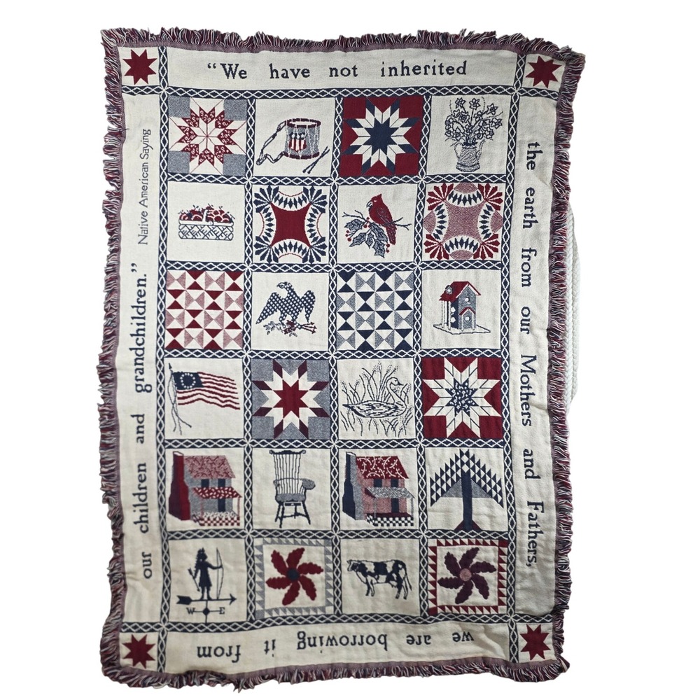 Bob Timberlake Throw Blanket Woven Cotton Americana Sampler Quilt 47x66 Folk Art